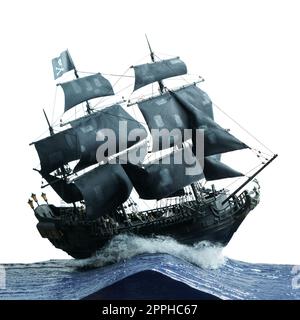 Modello nave pirata perla nera in compensato, con figure in miniatura di marinai pirati, isolate su sfondo bianco Foto Stock