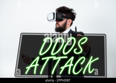 Ispirazione che mostra un attacco DDoS di segno. La panoramica aziendale ha disturbato l'accesso al server normale causato da un sistema dannoso Foto Stock