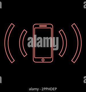 Lo smartphone neon emette onde radio onde sonore onde emesse concetto di onde elettromagnetiche colore rosso illustrazione vettoriale stile piatto immagine Illustrazione Vettoriale