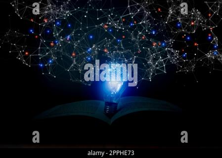 Lampadina su libro aperto con cervello virtuale e linea di connessione rete di istruzione concept.creative pensiero idea strategia di innovazione. Foto Stock