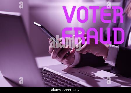Segno che mostra frode Voter. Parola scritta su indicazione formale scelta tra due o più azioni dei candidati Foto Stock