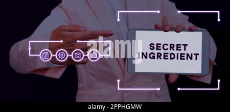 Scrittura a mano segno ingrediente segreto. Parola per tecnica speciale o materiali utilizzati da un'azienda nella fabbricazione dei suoi prodotti Foto Stock