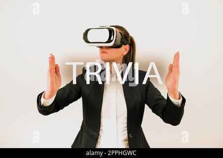 Didascalia concettuale Trivia. Parola scritta su considerazioni dettagli pezzi informazioni poca importanza o valore Foto Stock