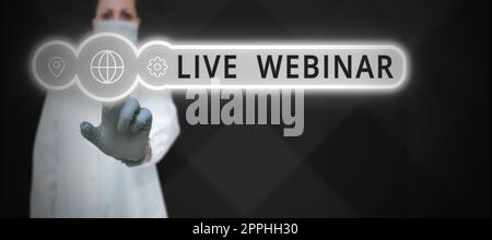 Firmare il webinar in diretta. Foto concettuale Seminario interattivo trasmesso sul web in tempo reale Foto Stock