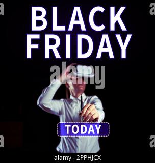 Didascalia di testo con presentazione del Black Friday. Parola scritta il giorno dopo la festa degli Stati Uniti di Thanksgiving Shopping stagione Foto Stock