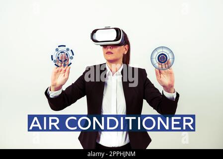 Cartello di testo che mostra il condizionatore d'aria. Apparecchio fotografico concettuale per lavare l'aria e controllarne l'umidità e la temperatura Foto Stock