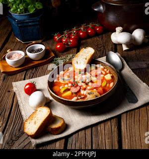 zuppa rustica di fagioli con patate e salsicce Foto Stock