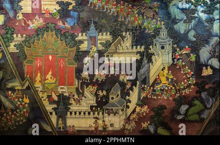 Antico dipinto murale buddista tailandese sulle pareti del tempio Foto Stock