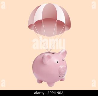 Carino piggy bank con paracadute volare su sfondo rosa Foto Stock