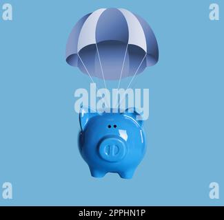 Carino piggy bank con paracadute che vola su sfondo blu Foto Stock