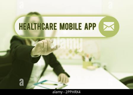 Testo scritto a mano Healthcare Mobile App. Parola scritta su programma di applicazione che offrono servizi healthrelated Foto Stock