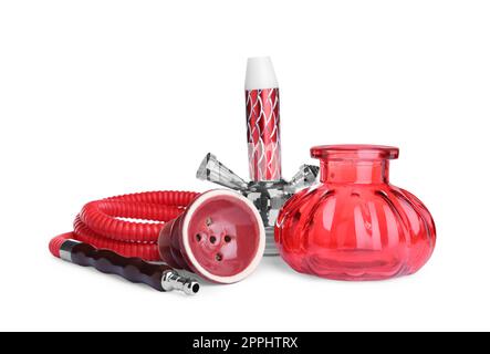 Parti di moderno hookah rosso su sfondo bianco Foto Stock