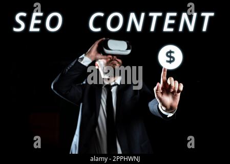 Segno che mostra il contenuto Seo. Panoramica aziendale creazione di contenuti che aiutano le pagine Web a classificarsi in alto nella ricerca Foto Stock