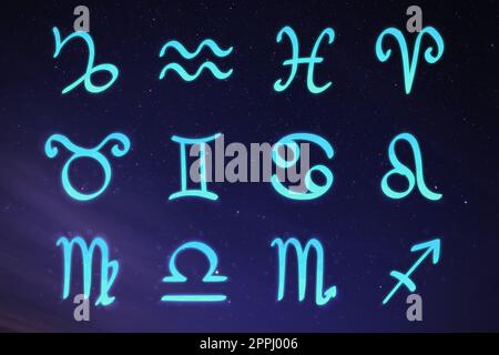 Raccolta di segni astrologici nel cielo notturno con un bel cielo Foto Stock