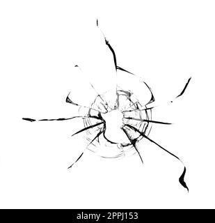 Trama di vetro spezzata isolata su sfondo bianco. Incrinature di una finestra distrutta Foto Stock
