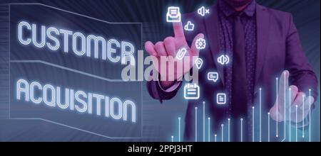 Visualizzazione concettuale acquisizione cliente. Idea di business si riferisce all'acquisizione di nuovi consumatori da parte dell'imprenditore che punta con due dita su S e presenta nuove idee. Foto Stock