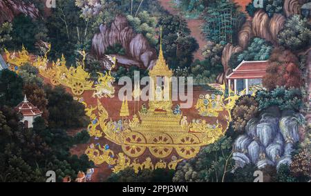 Affresco murale tailandese dell'epica Ramakien al Grand Palace di Bangkok, Thailandia Foto Stock