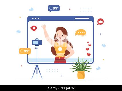 Celebrity Influencer con gli alberini su Internet per l'introduzione sul mercato di pubblicità, la vita quotidiana o l'approvazione in mano piatta Cartoon modelli disegnati Illustrazione Foto Stock