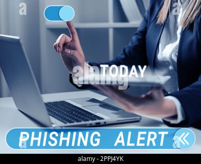 Didascalia testo con avviso phishing. Vetrina aziendale consapevole del tentativo fraudolento di ottenere informazioni sensibili Foto Stock