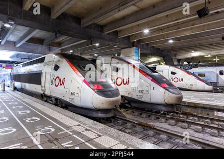 Treni TGV Duplex ad alta velocità della SNCF alla stazione ferroviaria Gare Paris Montparnasse in Francia Foto Stock