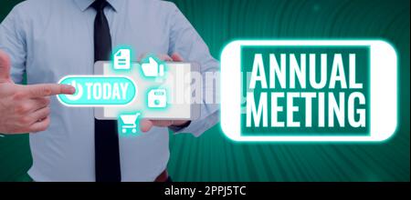 Testo che mostra l'incontro annuale di ispirazione. Concetto di Internet raccolta annuale di un'organizzazione azionisti interessati Foto Stock