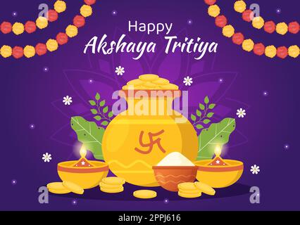 Akshaya Tritiya Festival Illustrazione con un Kalash d'oro, Pot e monete d'oro per Dhanteras Celebration in mano disegnato per Landing Page Templates Illustrazione Vettoriale