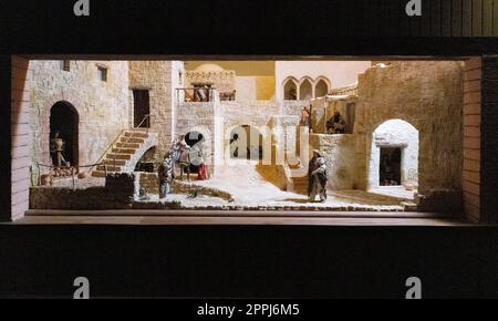 Modello di mangiatoia o nascita del bambino Gesù. Vacanze di Natale. Italia Foto Stock