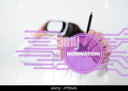 Didascalia di testo che presenta Nomination. Internet Concept formalmente scegliendo qualcuno candidato ufficiale per un Premio Foto Stock