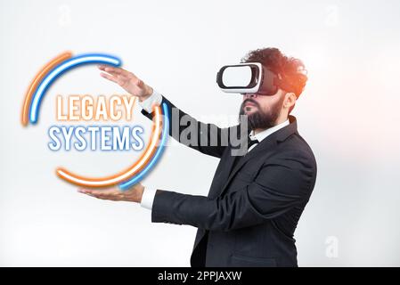 Simbolo di testo che mostra i sistemi legacy. Business idea tecnologia vecchio metodo sistema informatico o programma applicativo Foto Stock