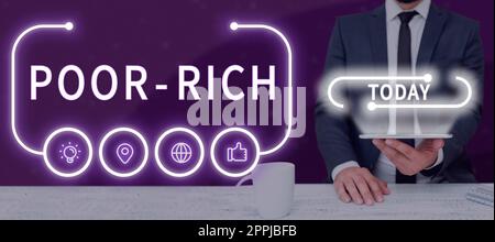 Segno di testo che mostra scarsa ricchezza. Parola scritta su mancanza di un approvvigionamento adeguato o avere possessi abbondanti Foto Stock