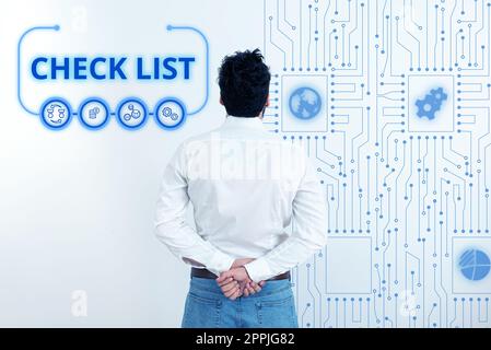 Elenco di controllo delle didascalie concettuali. Gli elementi del concetto del Internet hanno richiesto le cose da fare i punti da considerare Foto Stock