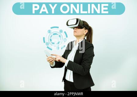 Segno di scrittura a mano paga in linea. Parola per acquistare prodotti o servizi utilizzando la carta di credito su qualsiasi sito web Foto Stock