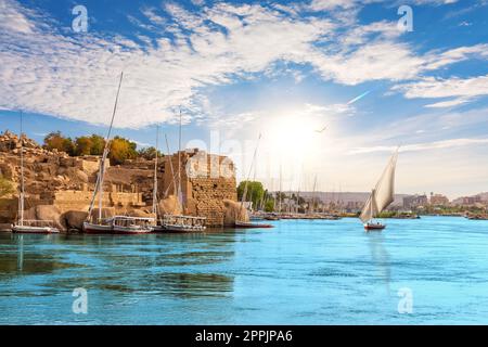 Vista tradizionale di Assuan con barche a vela nel Nilo, Egitto Foto Stock