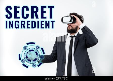 Ispirazione mostrando segno ingrediente segreto. Parola scritta su tecniche speciali o materiali utilizzati da un'azienda nella produzione dei suoi prodotti Foto Stock
