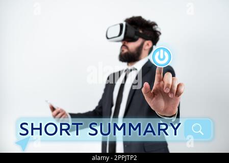 Breve riepilogo del segno di scrittura a mano. Idea di business breve dichiarazione dei punti principali chiaro Foto Stock