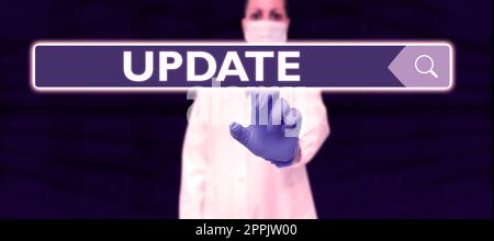 Aggiornamento delle didascalie concettuali. Parola scritta su fino ad oggi rendere qualcosa di più moderno o aggiornato più recente versione Foto Stock
