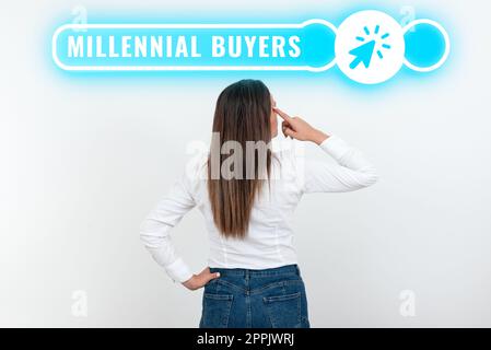 Firma che mostra gli acquirenti Millennial. Concetto Internet tipo di consumatori che sono interessati a prodotti di tendenza Foto Stock