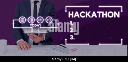 Segno di scrittura a mano Hackathon. Concetto che significa evento in cui un gran numero di persone si impegnano nella programmazione Foto Stock