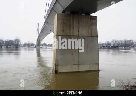 Sremska Mitrovica, Serbia, 01.27.2023 Ponte sul fiume Sava. Inondazione dopo forti piogge e scioglimento della neve. Un rapido flusso di acqua fangosa. Scala idrologica per la misurazione del livello dell'acqua. Foto Stock