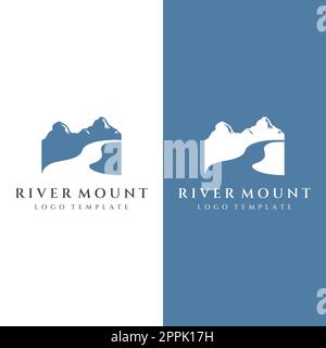 Loghi di fiumi, insenature, rive del fiume e ruscelli. Logo River con combinazione di montagne e terreni agricoli con modello di disegno vettoriale. Illustrazione Vettoriale