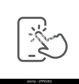 Schermo a sfioramento del telefono e icona vettore linea manuale. Fare clic su, toccare il simbolo del contorno dello schermo dello smartphone. Illustrazione Vettoriale