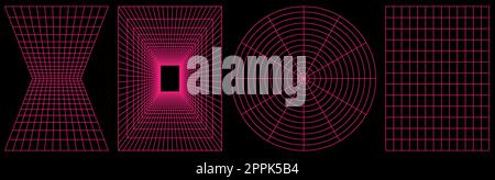 Set di sfondi della griglia a reticolo della geometria. Elementi cyberpunk in stile trendy psichedelico rave. Y2K oggetti futuristici retrò Illustrazione Vettoriale