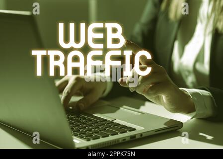 Didascalia concettuale traffico Web. Parola per la quantità di utenti web e tentato di visita misurata di un sito web Foto Stock