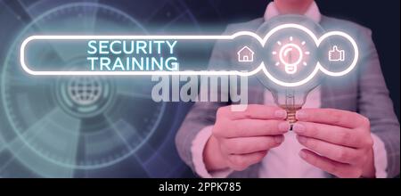 Testo che mostra Inspiration Security Training. Panoramica aziendale che fornisce formazione sulla consapevolezza della sicurezza per gli utenti finali Foto Stock