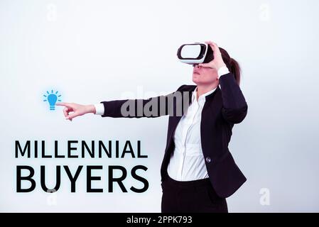 Didascalia di testo che presenta gli acquirenti Millennial. Foto concettuale tipo di consumatori interessati a prodotti di tendenza Foto Stock