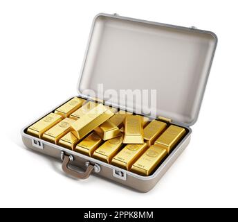 Lingotti d'oro nella valigetta isolati su sfondo bianco. Illustrazione 3D. Foto Stock