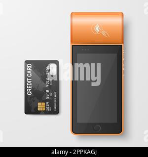 Macchina di pagamento Vector 3d Orange NFC e carta di credito isolata. Wi-fi, pagamento wireless. Terminale POS, modello di progettazione macchine del terminale senza contatto di pagamento bancario, Mockup. Vista dall'alto Foto Stock