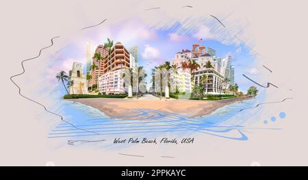 Palm Beach, Florida, torre dell'orologio USA su Worth Ave. Design artistico Foto Stock