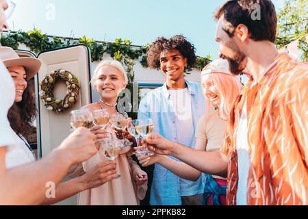 Gli amici hanno un picnic e brinda con i bicchieri da vino Foto Stock