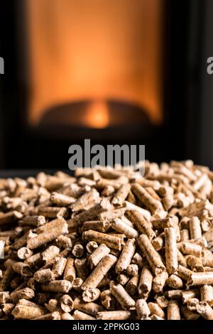 Stufa a pellet domestica moderna, stufa a granuli con fiamme Foto Stock